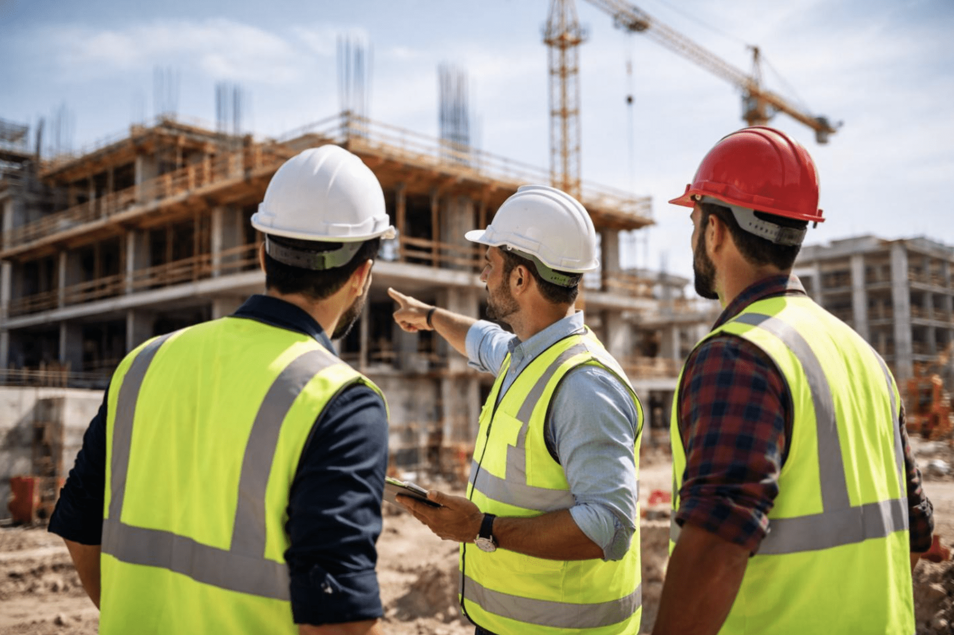 Three construction workers wearing safety vests and hard hats review a jobsite, with one pointing toward a building under construction and a crane in the background.