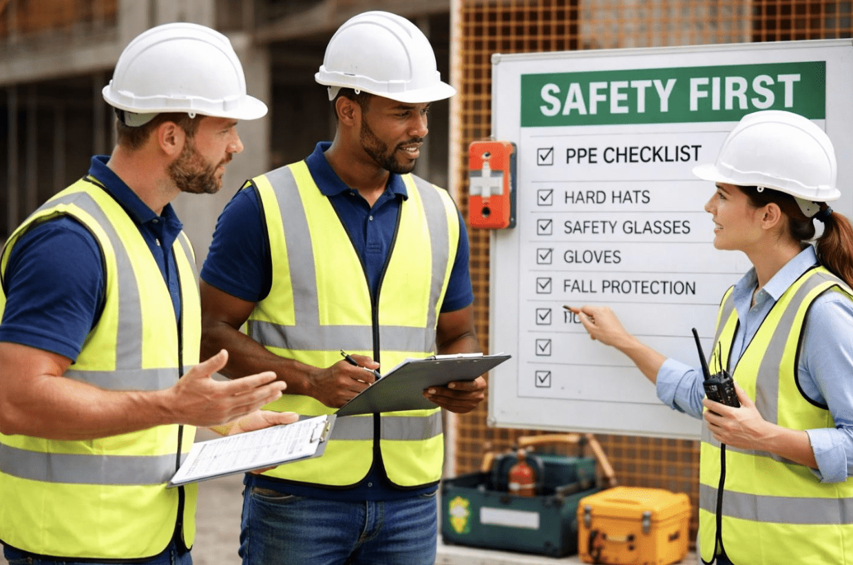 Three construction professionals wearing hard hats and high-visibility vests review a “Safety First” PPE checklist during a jobsite safety discussion, with one person pointing at the board while others take notes on clipboards.